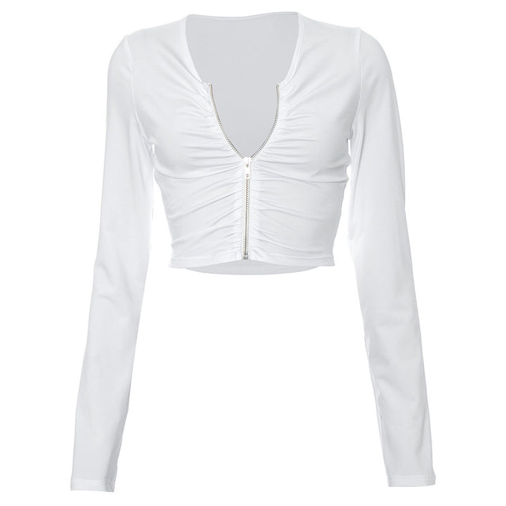 Femme Cropped Zip-Up Langærmet Top med Rynkning Stilla