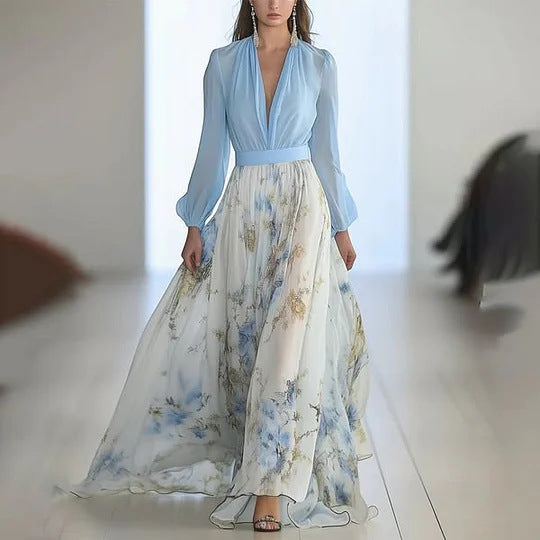 Dame Elegant Maxikjole med v-hals og flydende skørt Stilla