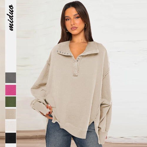Dame afslappet oversized pullover med knaplukning og ufuldendte sømme Stilla