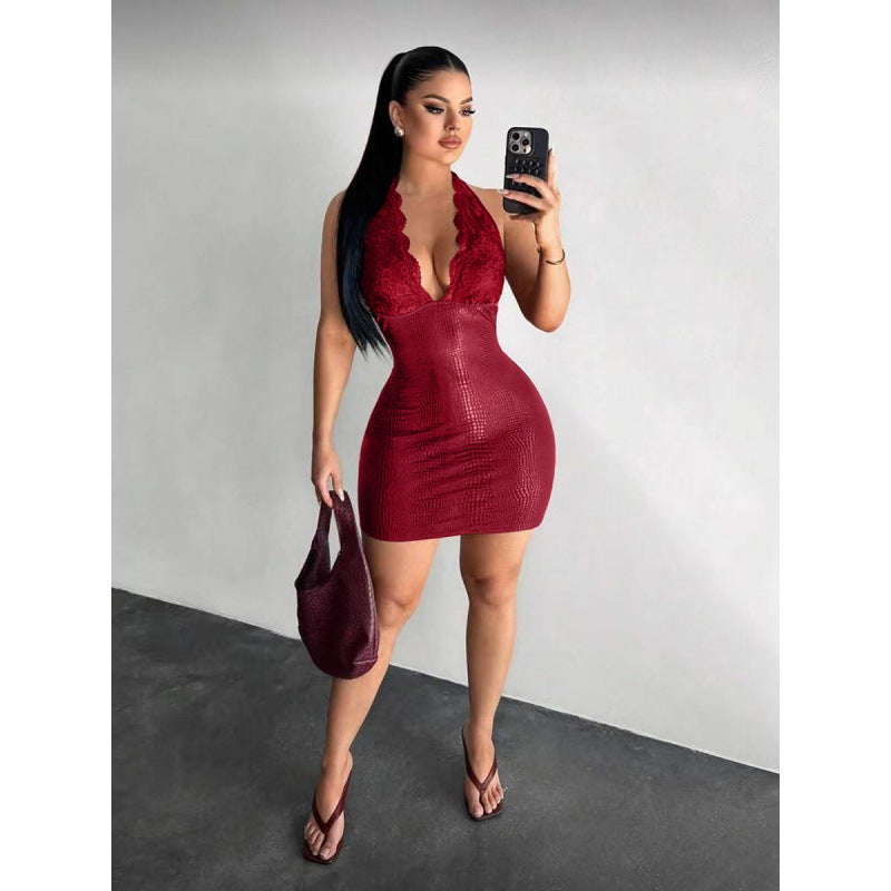 Dame Elegant Bodycon Kjole med Spidsdetaljer og Dybt V-Udskæring Skovae