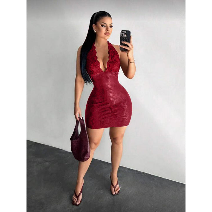 Dame Elegant Bodycon Kjole med Spidsdetaljer og Dybt V-Udskæring Skovae