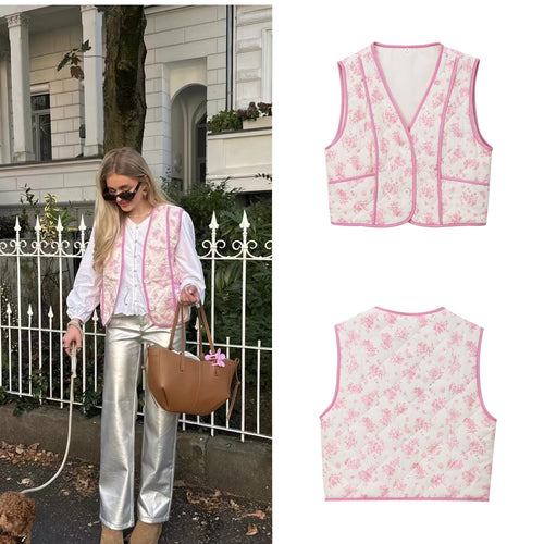 Dame quiltet vest med blomsterdesign og praktiske lommer Stilla
