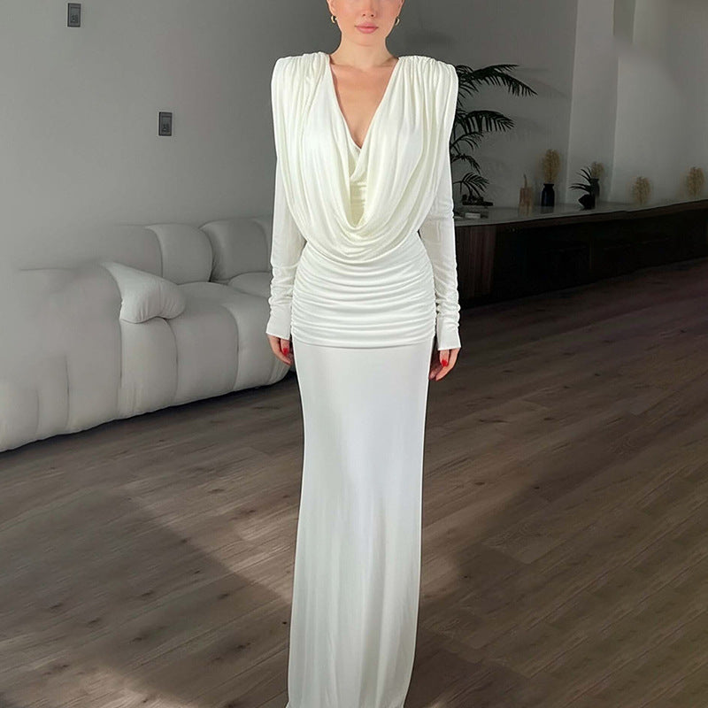 Dame Elegant Maxi Kjole med Sofistikeret Omviklet U-hals og Draperede Detaljer Stilla