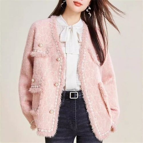 Kvinders fluffy cardigan med elegante knapdetaljer og dekorativ kant Stilla