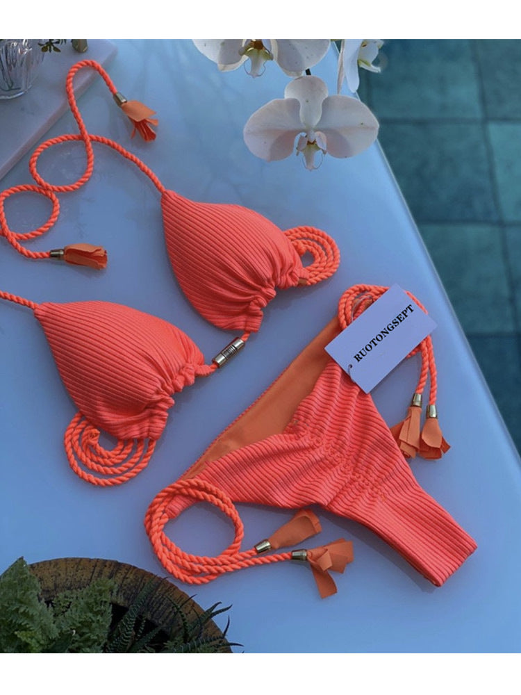 Dame triangel-bikini med moderne leopardmønster og dekorative frynser Skovae