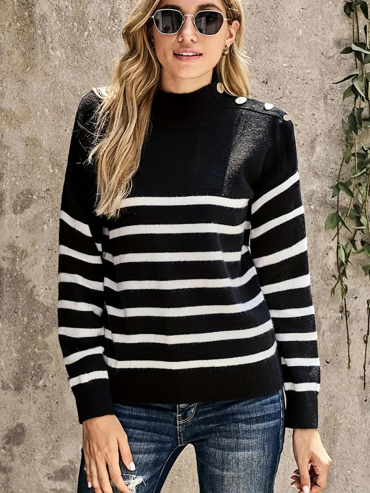 Stilla | Stribet Strikpullover Mock Neck Skulderknap-Accent Langærmet Casual Pasform
