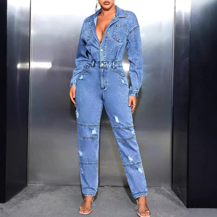 Dame denim overalls med tætsiddende pasform og trendy ødelagte detaljer Stilla