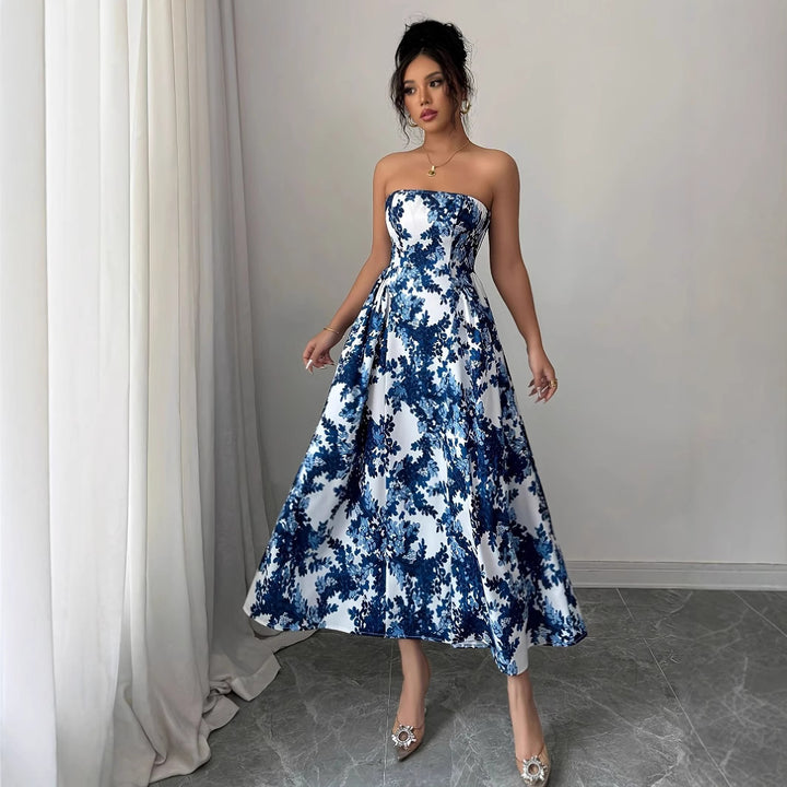 Dame Strapless Maxikjole med floral design og udstyret nederdel Stilla