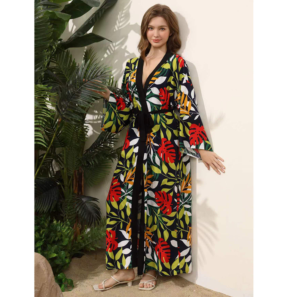 Damer elegant Strandkimono med blomsterprint og voluminøse ærmer Stilla