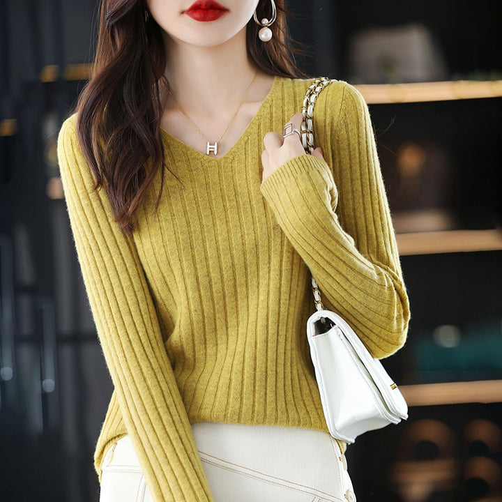 Femme Ribbet V-Udskæring Pullover Sweater Stilla