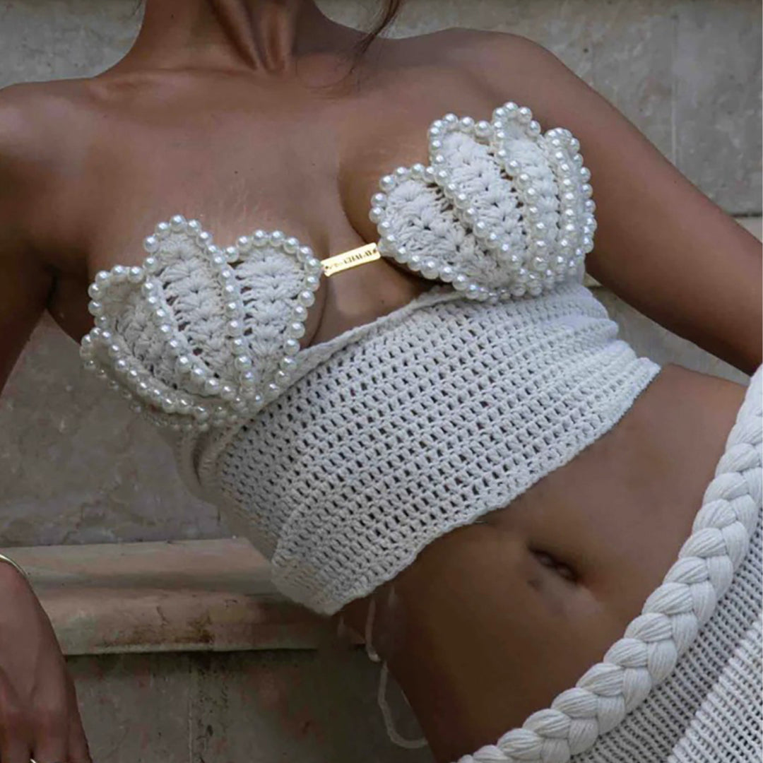Dame Cropped Hækletop med Perle-detaljer Stilla