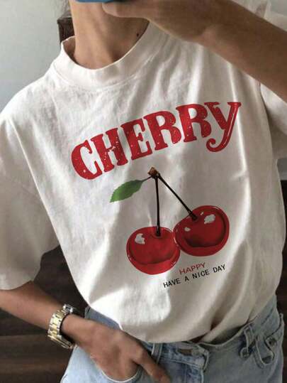 Dame T-shirt med glad kirsebærmotiv og rund halsudskæring Stilla