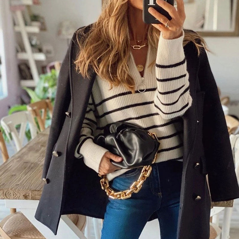Kvinders strikket sweater med trendy lynlås og stribemønster Stilla