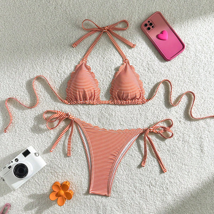Dame triangel-bikini med legesygt rynkedesign og snorebindinger Skovae