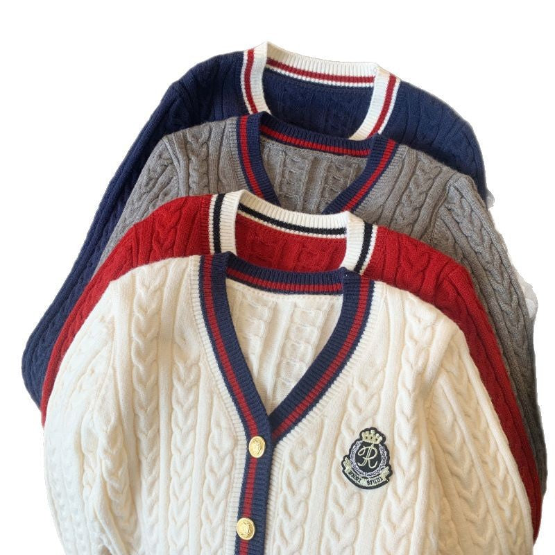 Kvinders chunky strik cardigan med dekorationsknapper og sporty stribemønster Stilla
