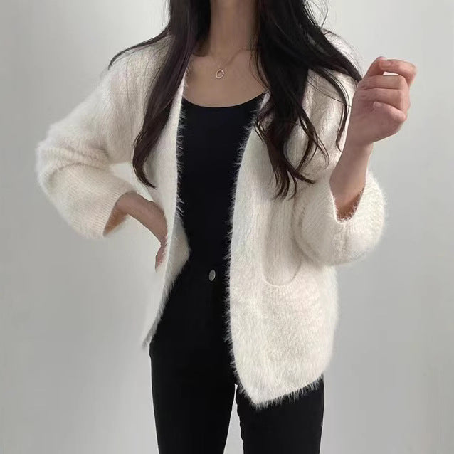 Dame Fluffy Cardigan med Åben Front og Praktiske Lommer Stilla