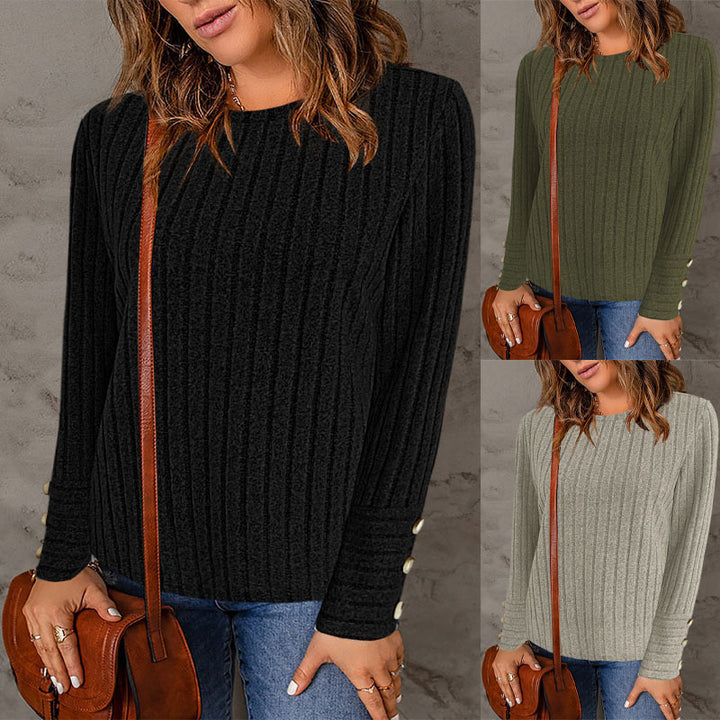 Dame ribstrikpullover med knapdetalje Stilla