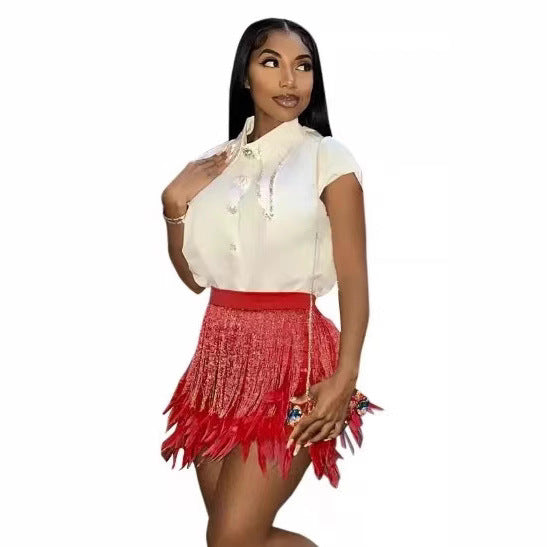 Ladies Glamorous Skirt with Sparkling Sequins and Feathers