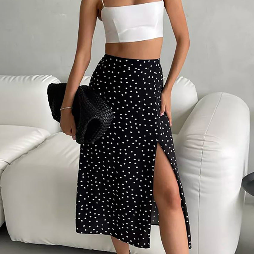 Dame maxiskørt med høje slids og trendy polka-dot mønster Stilla