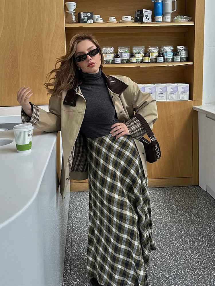 Dame afslappet Utility-jakke med mode plaid mønster Stilla