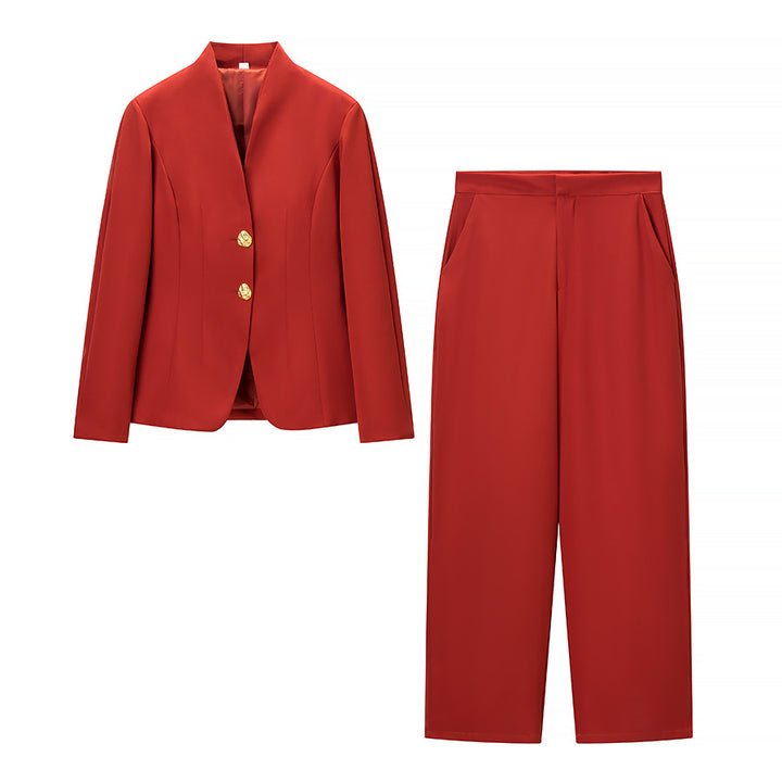 Kvinder Elegant Blazer og Bukser Sæt med Guldknapper Stilla