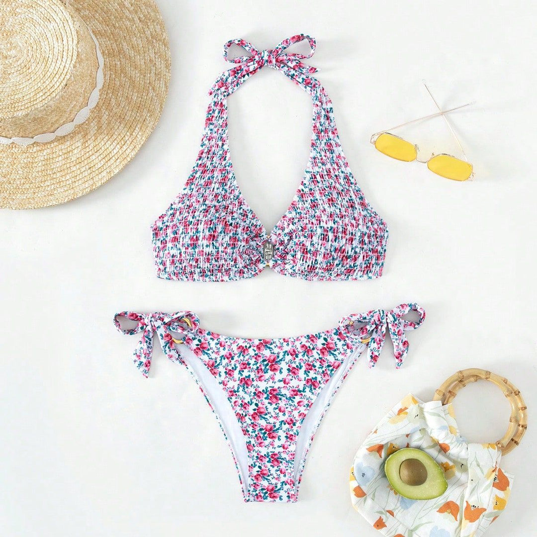 Dame triangel-bikini med legesygt blomsterdesign og komfortable sløjfer Skovae