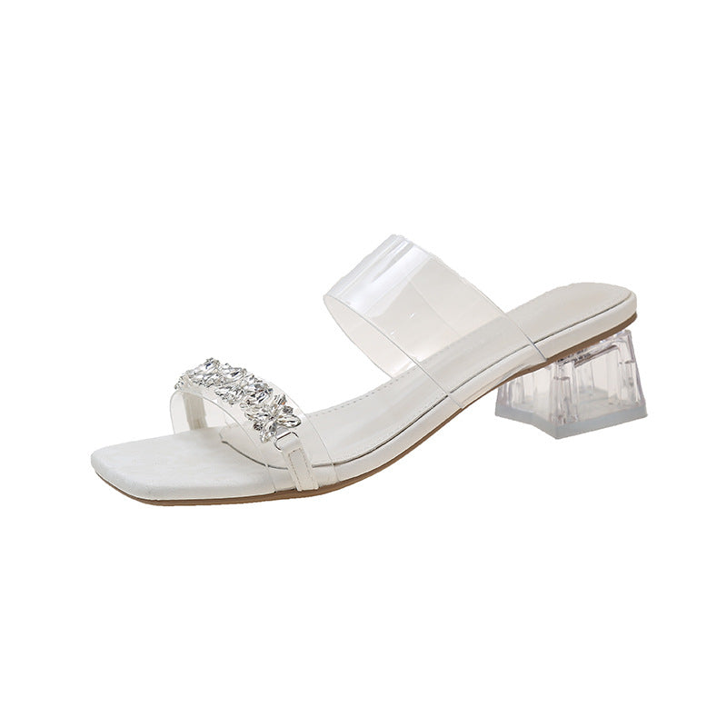 Dame elegante Open-Toe Blockhæls Mules med strasdekoration Stilla