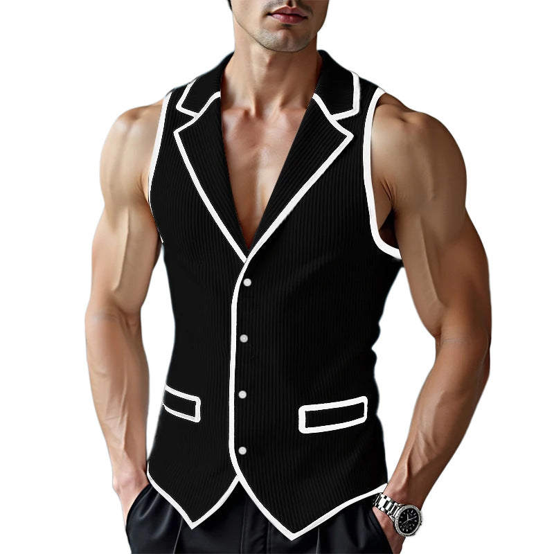 Herre udenærmet taljeret jerseyvest med reverskrave og kontrastpiping Skovae