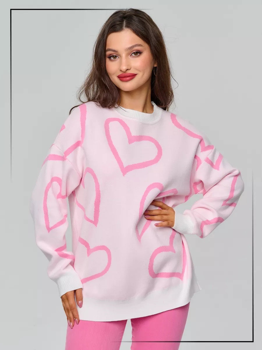 Dame Oversized Hjerte mønster Strikpullover Stilla
