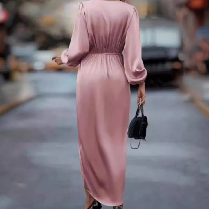 Dame nan elegant satin midikjole med twist-talje v-halsudskæring og ballonærmer skovae
