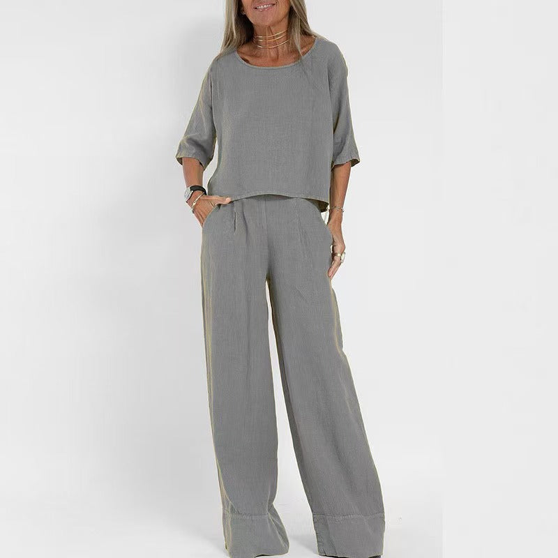 Dame let linned sæt med løstsiddende bukser og cropped top Stilla