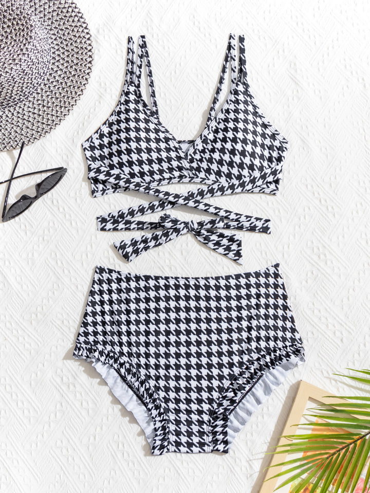 Dame Bikini-sæt med stilfuldt houndstooth mønster og komfortabel pasform Stilla