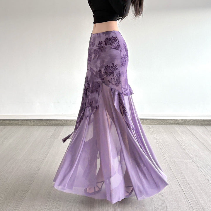 Damen asymmetrischer Maxirock mit floralen Details und transparenten Schichten Skovae
