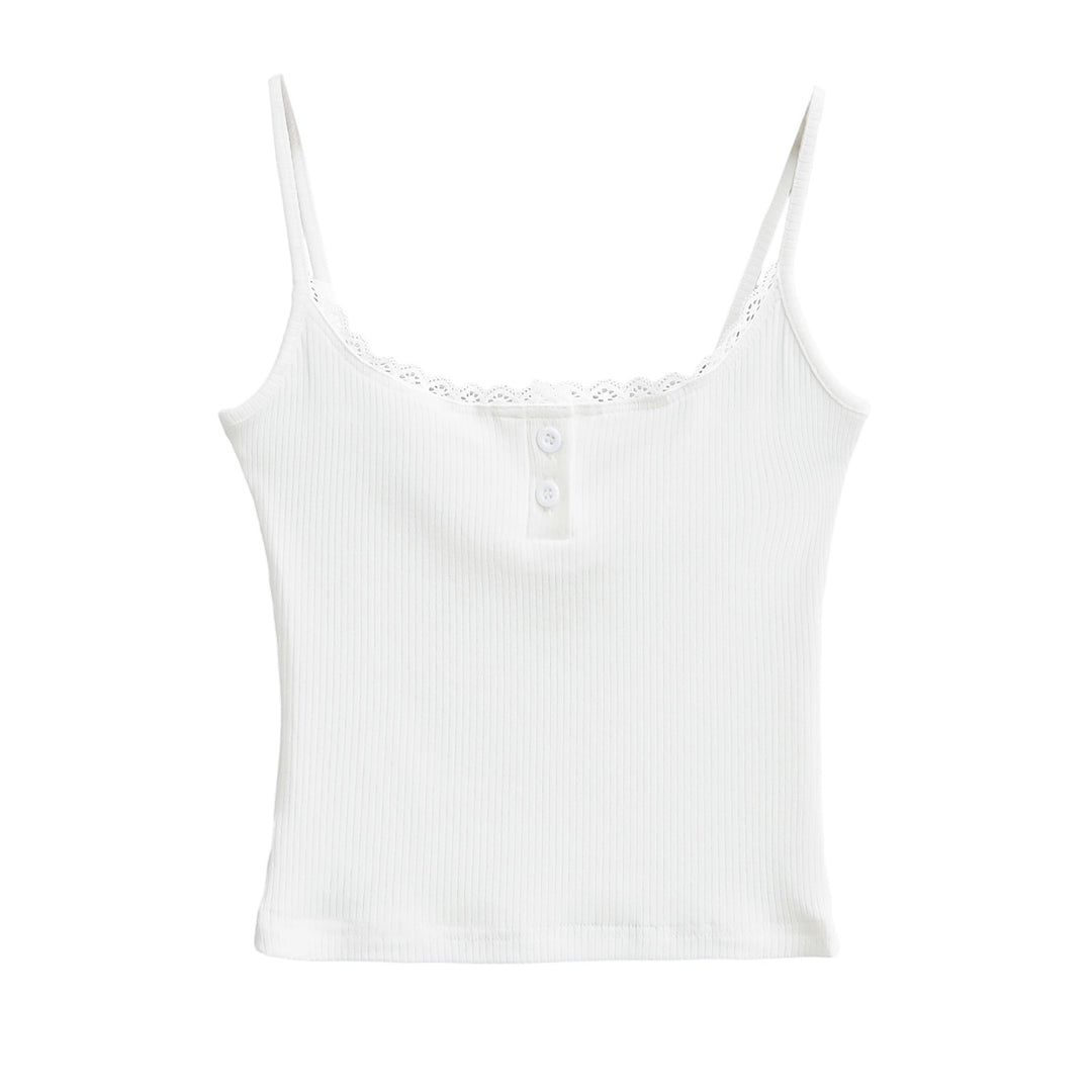 Dame spaghetti strop t-shirt med dekorativt blonder og knapdetaljer Stilla