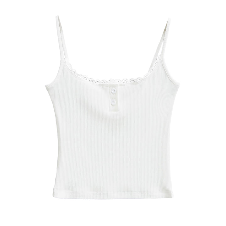 Dame spaghetti strop t-shirt med dekorativt blonder og knapdetaljer Stilla