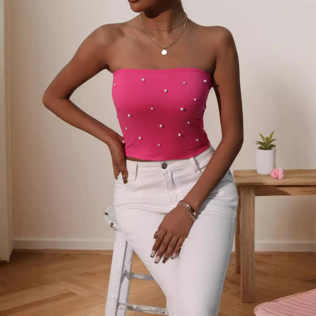 Dame bandeau-top med elegante perleapplikationer Skovae