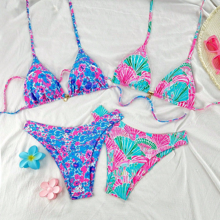 Dame trekanten bikini sæt med blomster mønstre og elegante stropper Skovae