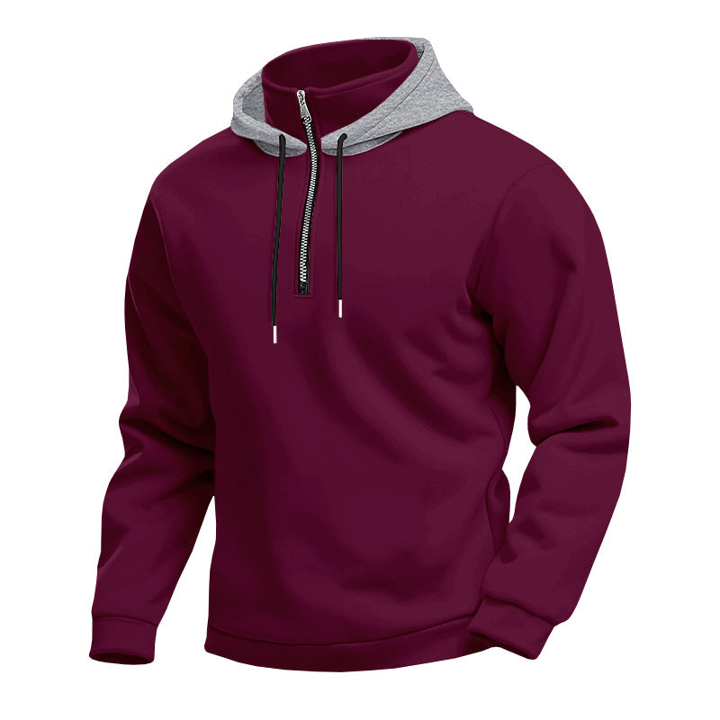 Herrer med hættepullover med kort lynlås, dobbeltlaget hætte og snor Skovae