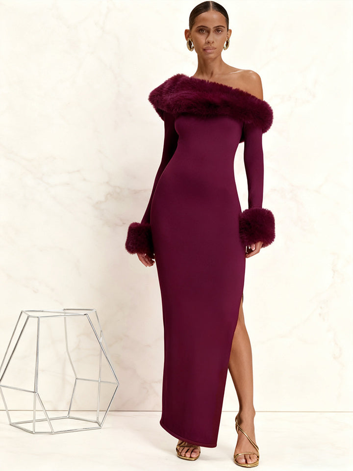 Kvindernes langærmede maxi kjole med off-shoulder look og elegante pels detaljer