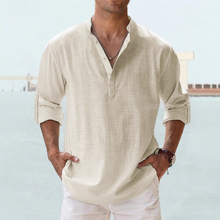 Herrer nan legeres linned Henley-skjorte med ståkrave, oprullede ærmer og buet kant Skovae
