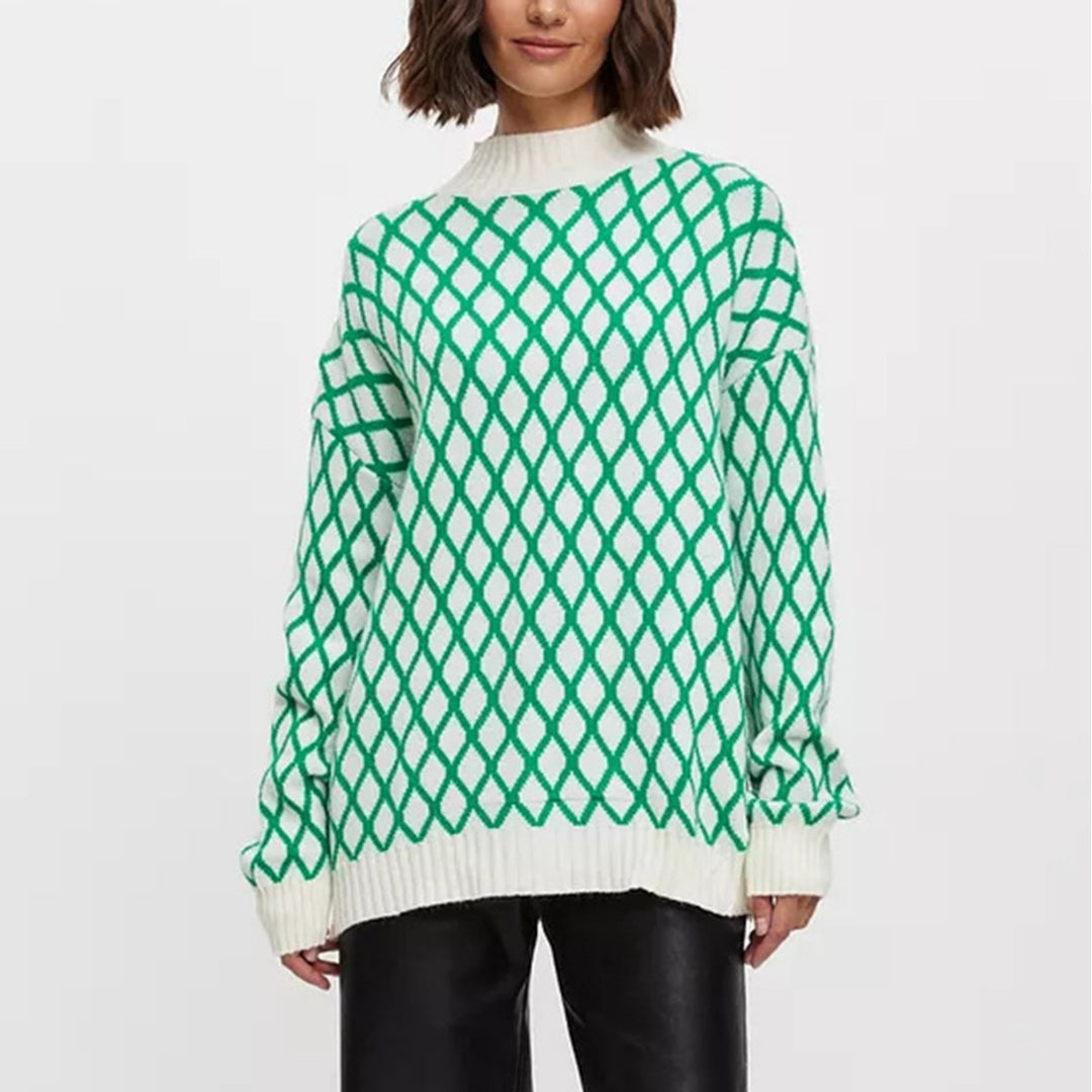 Kvindernes strikkede sweater med moderne diamantmønster og innovativt snit Stilla