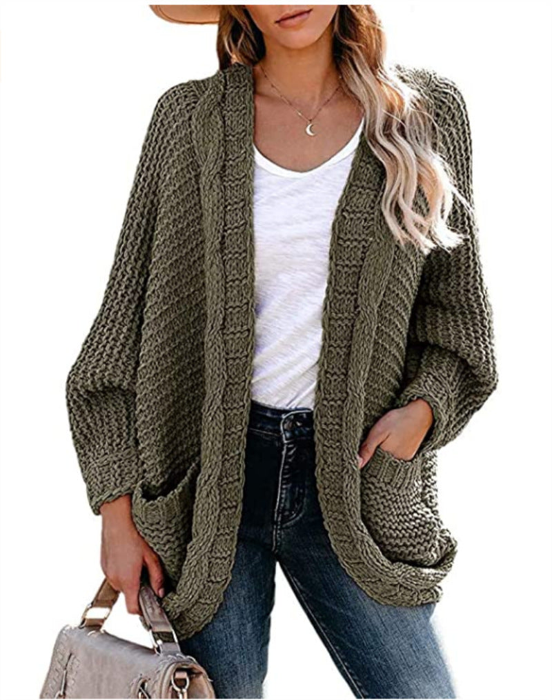 Kvinders chunky strikket cardigan med afslappede lommer og voluminøse ærmer Stilla