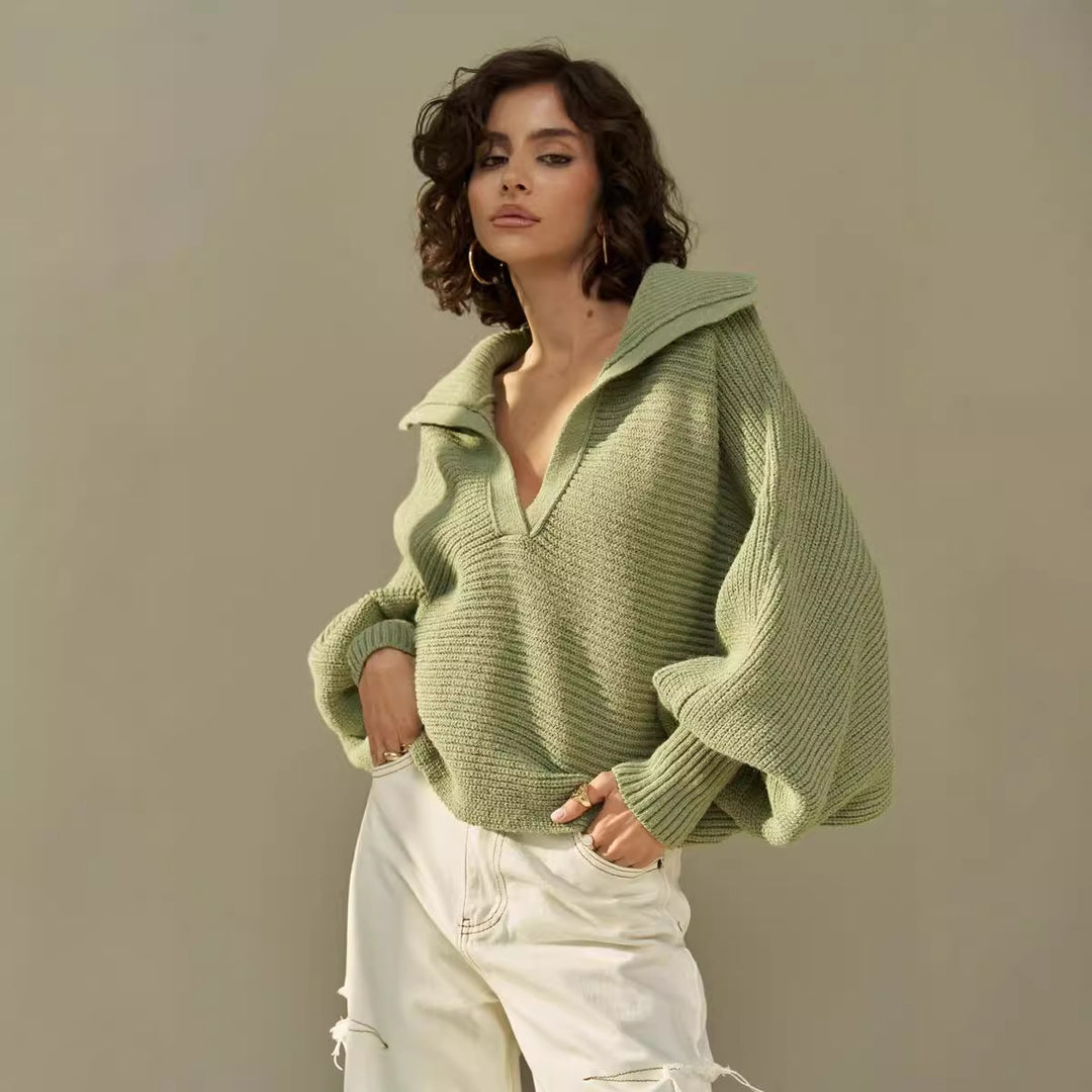 Dame afslappet strikpullover med oversized krave Stilla