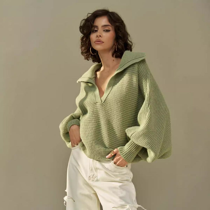 Dame afslappet strikpullover med oversized krave Stilla