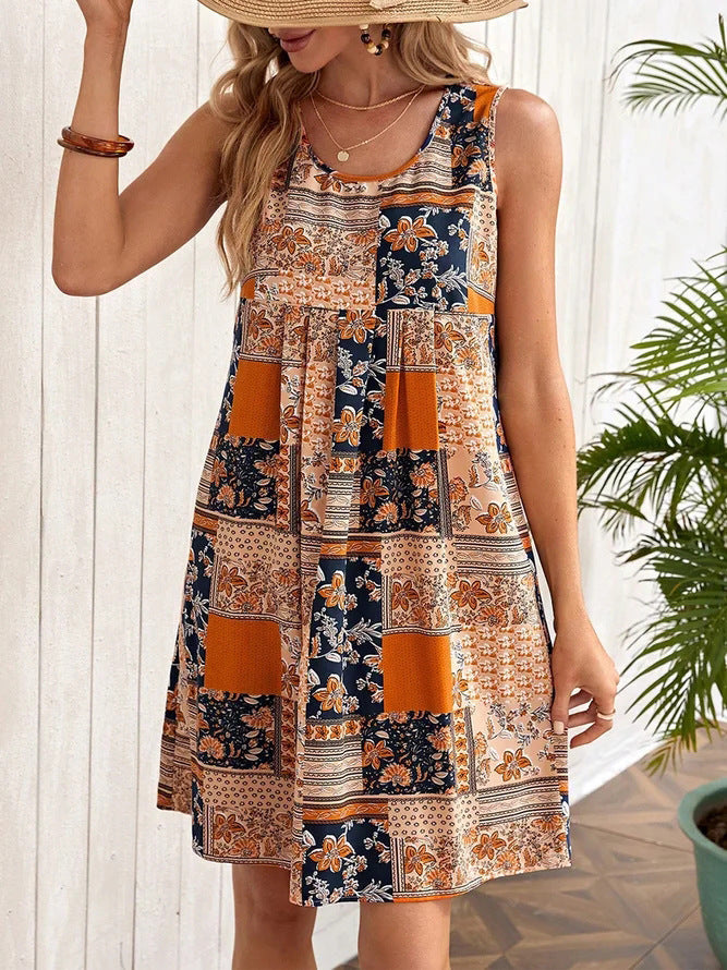 Dame Patchwork Floral A-linje Mini Kjole Stilla
