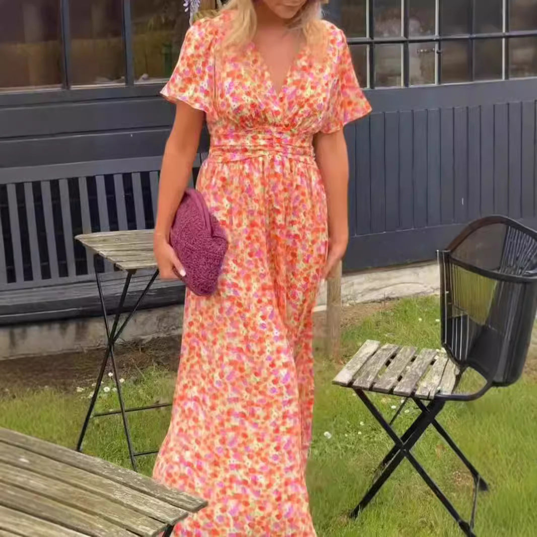 Dame maxikjole med floralt omslag design og elastisk linning Stilla