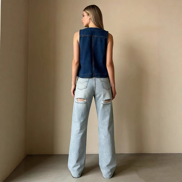 Dame casual denim vest med knapdetaljer og påsyede lommer Skovae