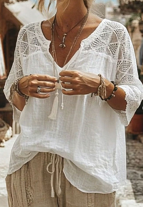 Dame nan locker faldende Tunika-bluse i Boho-stil med hæklet skulder- og ærmedetaljer Skovae