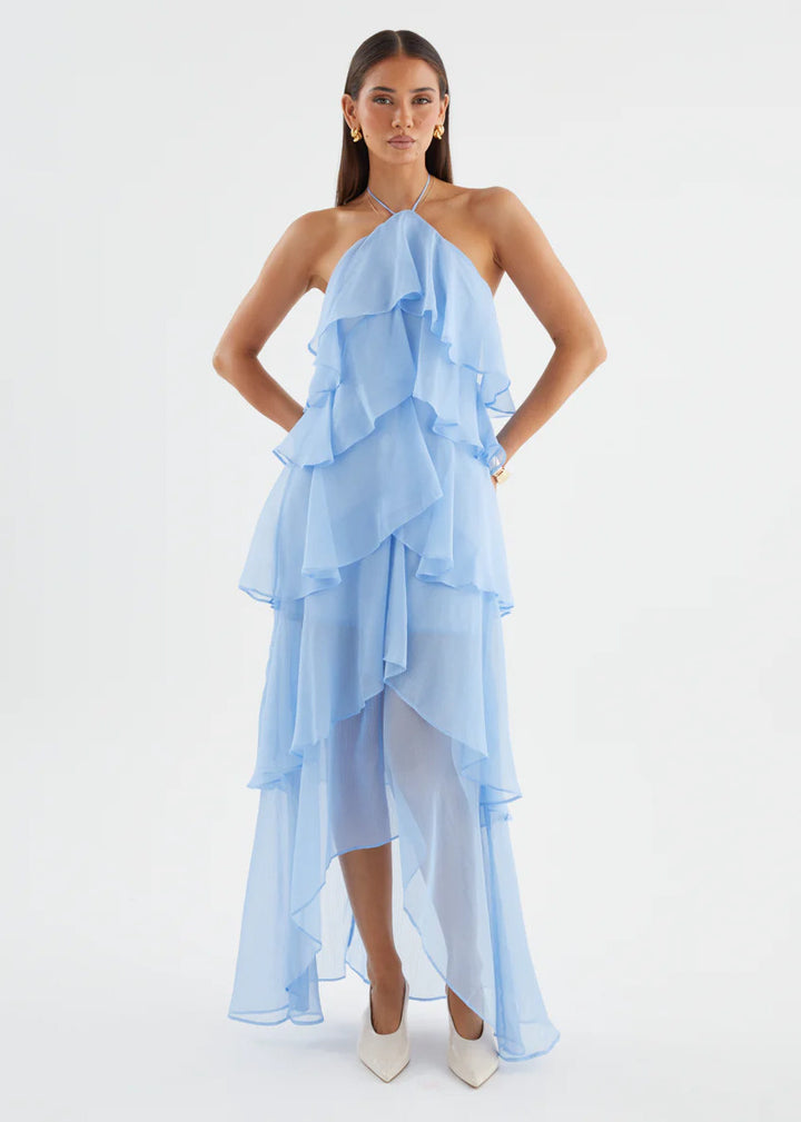 Kvindelige chiffon maxi kjoler med flerlags flæser Skovae