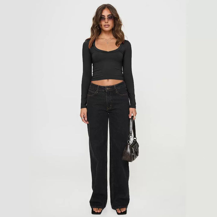 Dame Langærmet Crop-Top med dyb rund halsudskæring af blødt materiale Stilla